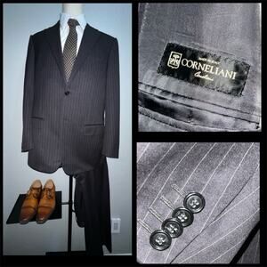 Corneliani Italy 42L Black Pinstripe Suit Blazer Pants Virgin Wool Sport 52L Eu